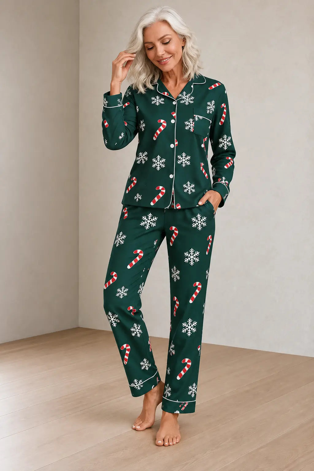 Christmas Pajamas - Women's Long Sleeve Snowflake & Candy Cane Print Notch Collar Button-Front Set - Green
