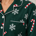 Christmas Pajamas - Women's Long Sleeve Snowflake & Candy Cane Print Notch Collar Button-Front Set - Green