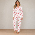 Christmas Pajamas - Women's Long Sleeve Snowflake & Candy Cane Print Notch Collar Button-Front Set - White