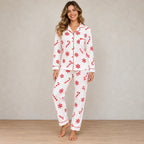 Christmas Pajamas - Women's Long Sleeve Snowflake & Candy Cane Print Notch Collar Button-Front Set - White