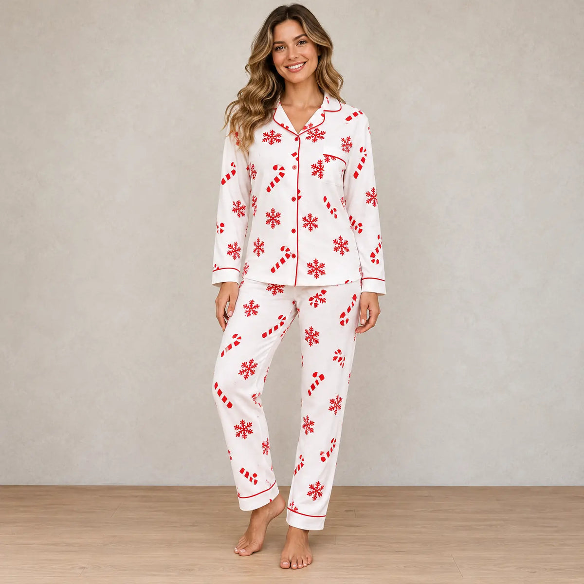 Christmas Pajamas - Women's Long Sleeve Snowflake & Candy Cane Print Notch Collar Button-Front Set - White
