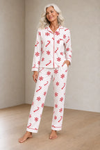 Christmas Pajamas - Women's Long Sleeve Snowflake & Candy Cane Print Notch Collar Button-Front Set - White