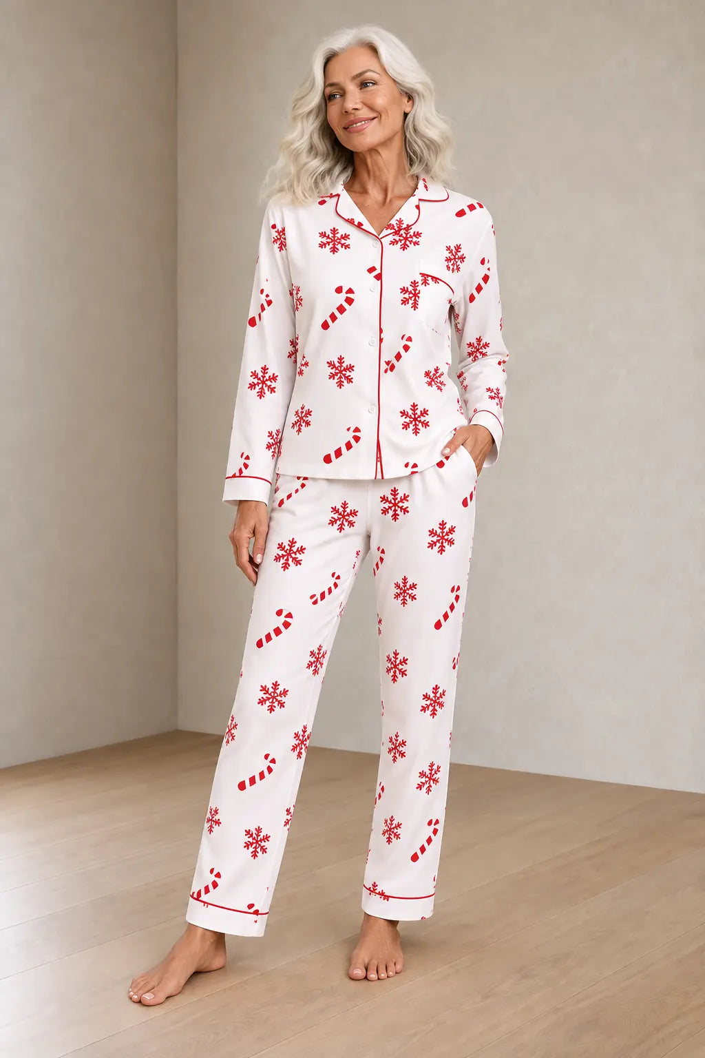 Christmas Pajamas - Women's Long Sleeve Snowflake & Candy Cane Print Notch Collar Button-Front Set - White