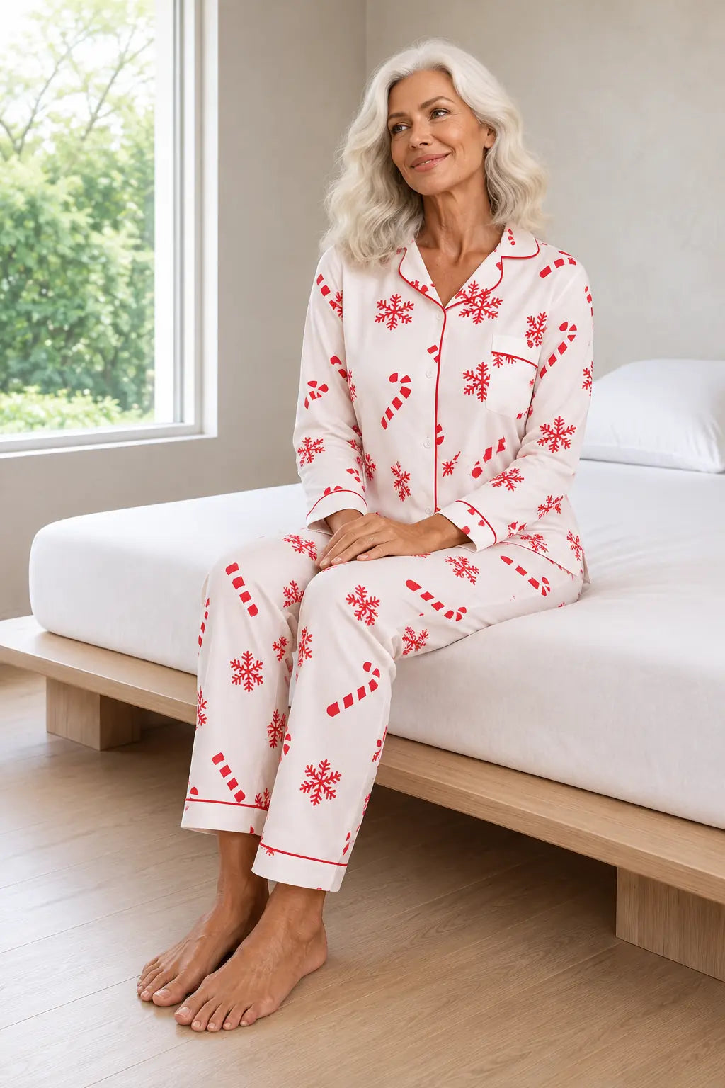 Christmas Pajamas - Women's Long Sleeve Snowflake & Candy Cane Print Notch Collar Button-Front Set - White