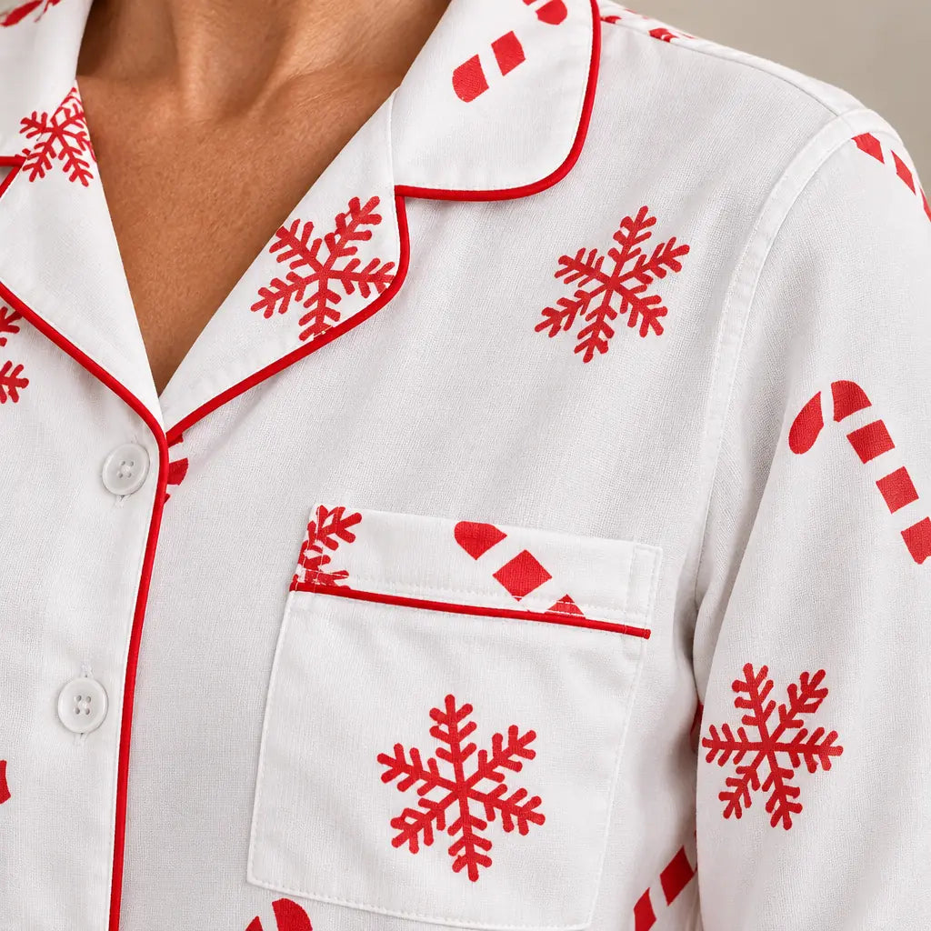 Christmas Pajamas - Women's Long Sleeve Snowflake & Candy Cane Print Notch Collar Button-Front Set - White