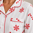 Christmas Pajamas - Women's Long Sleeve Snowflake & Candy Cane Print Notch Collar Button-Front Set - White