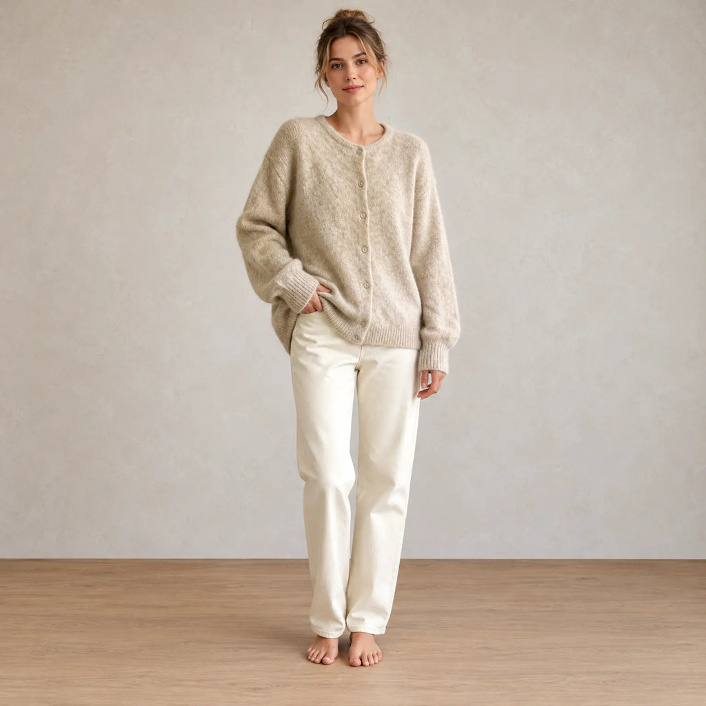 Button Front Cardigan - Women's Crew Neck Fuzzy Knit Long Sleeve Sweater - Khaki