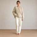 Button Front Cardigan - Women's Crew Neck Fuzzy Knit Long Sleeve Sweater - Khaki