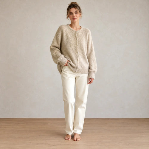 Button Front Cardigan - Women's Crew Neck Fuzzy Knit Long Sleeve Sweater - Khaki
