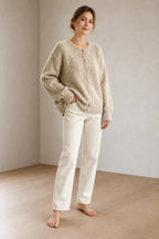 Button Front Cardigan - Women's Crew Neck Fuzzy Knit Long Sleeve Sweater - Khaki