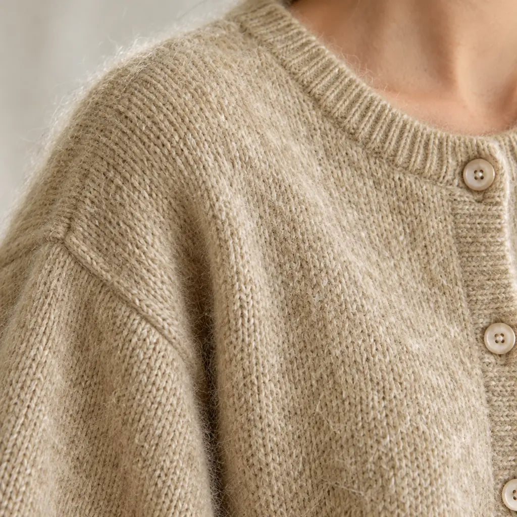 Button Front Cardigan - Women's Crew Neck Fuzzy Knit Long Sleeve Sweater - Khaki