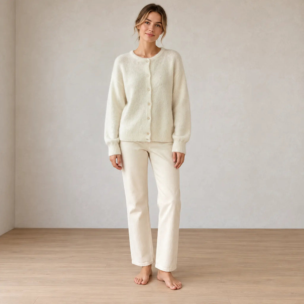 Button Front Cardigan - Women's Crew Neck Fuzzy Knit Long Sleeve Sweater - White