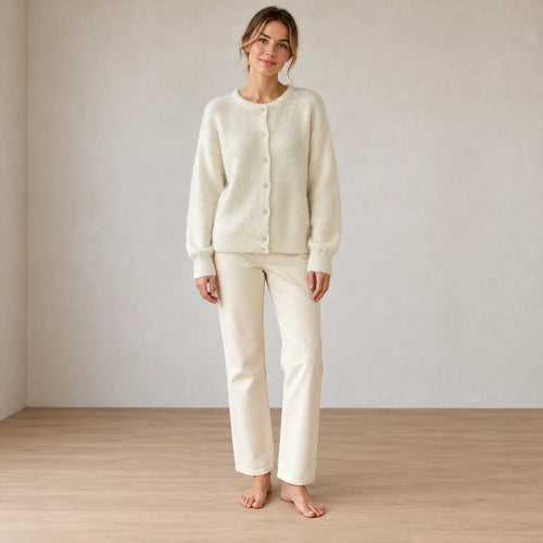 Button Front Cardigan - Women's Crew Neck Fuzzy Knit Long Sleeve Sweater - White