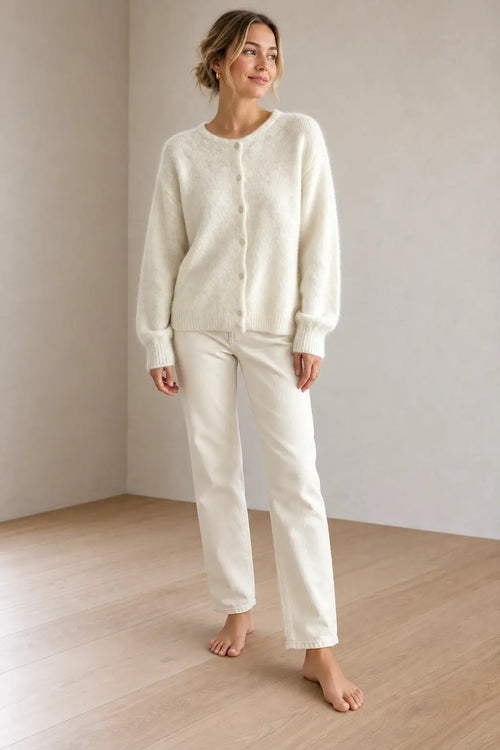 Button Front Cardigan - Women's Crew Neck Fuzzy Knit Long Sleeve Sweater - White