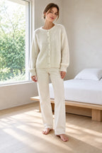 Button Front Cardigan - Women's Crew Neck Fuzzy Knit Long Sleeve Sweater - White