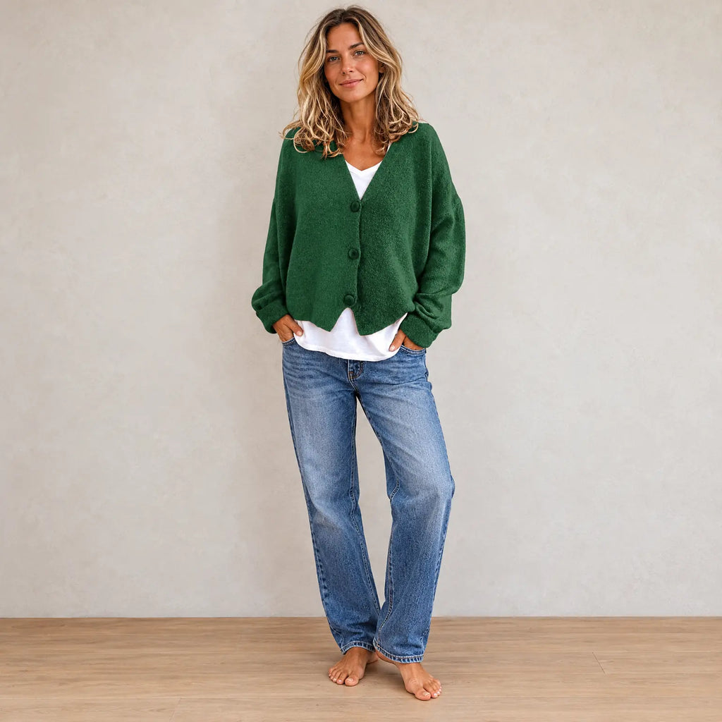 Women's Button Front Cardigan - V Neck Long Sleeve Knit Sweater - Dark Green