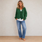 Women's Button Front Cardigan - V Neck Long Sleeve Knit Sweater - Dark Green