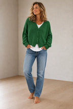 Women's Button Front Cardigan - V Neck Long Sleeve Knit Sweater - Dark Green
