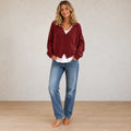 Women's Button Front Cardigan - V Neck Long Sleeve Knit Sweater - Dark Red