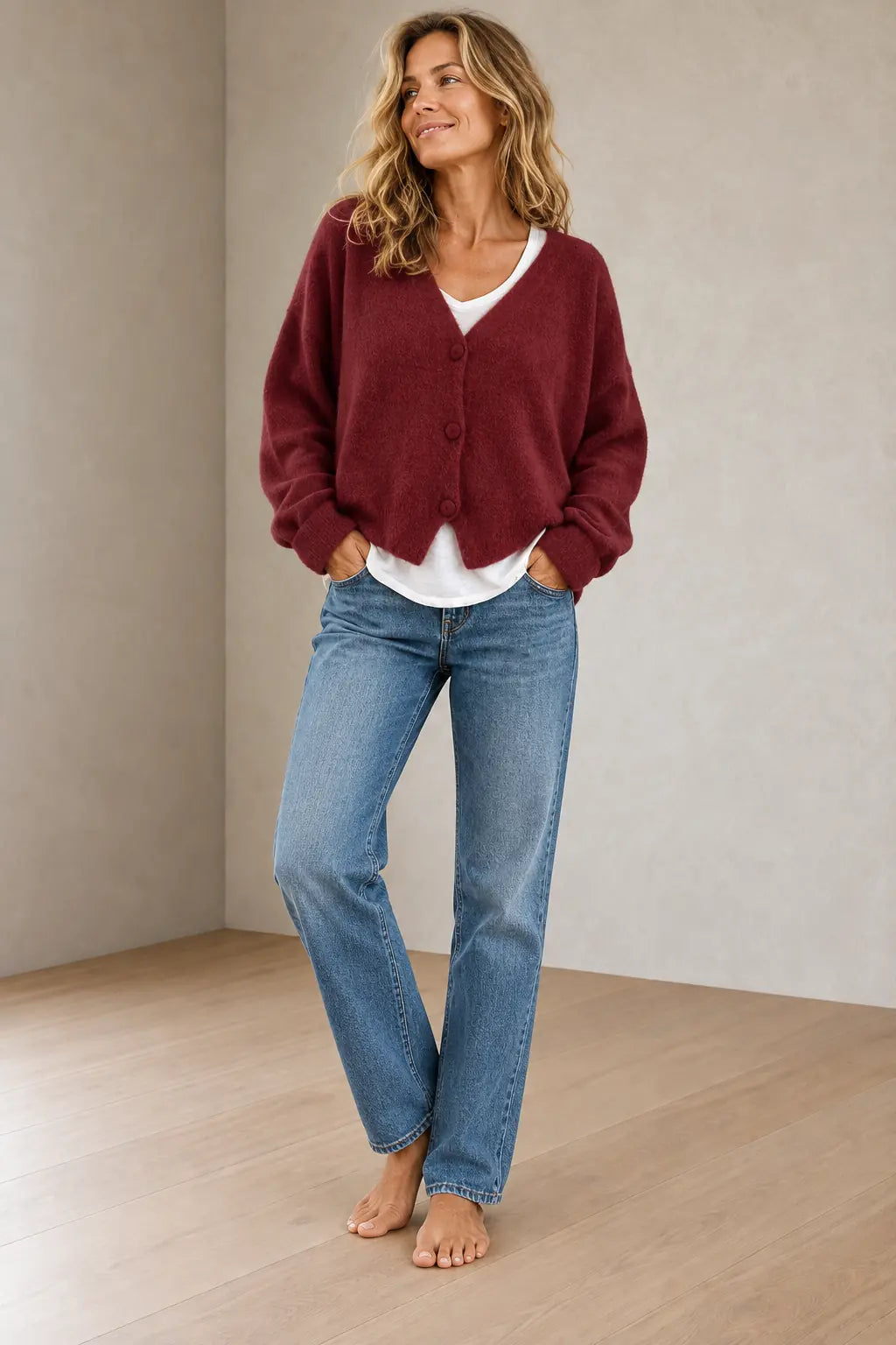 Women's Button Front Cardigan - V Neck Long Sleeve Knit Sweater - Dark Red