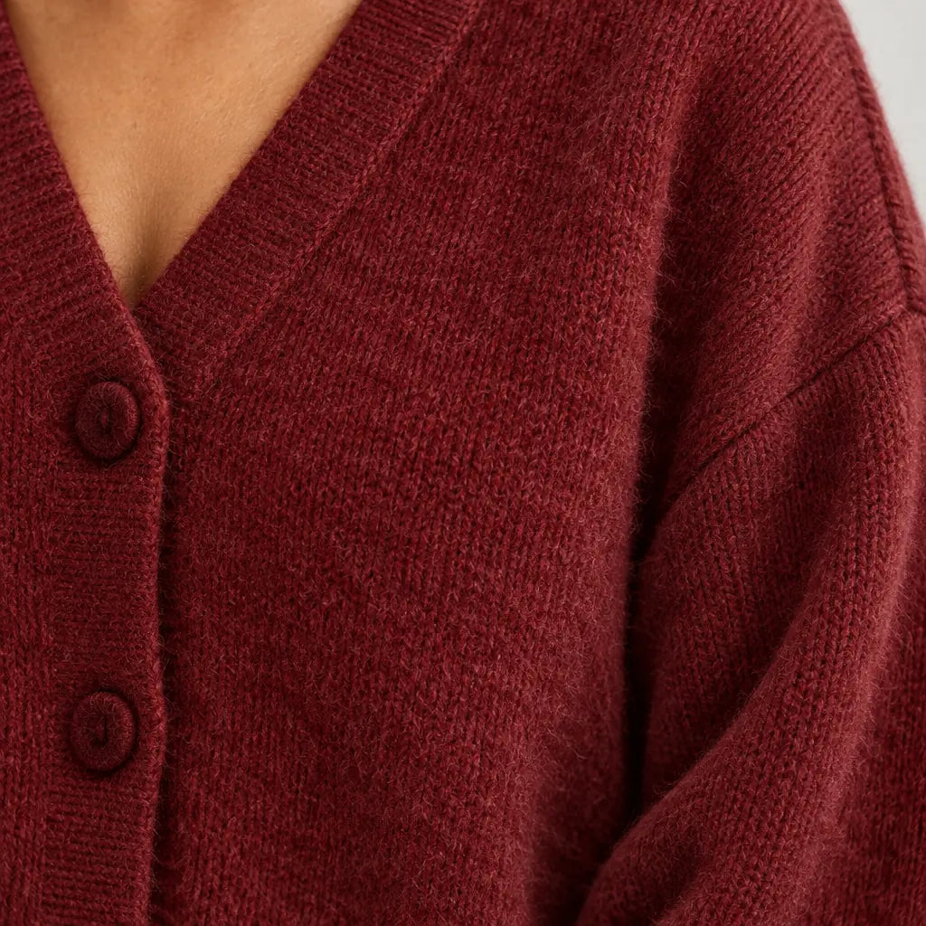 Women's Button Front Cardigan - V Neck Long Sleeve Knit Sweater - Dark Red