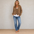 Women's Button Front Cardigan - V Neck Long Sleeve Knit Sweater - Khaki