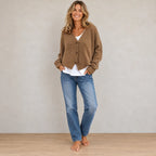 Women's Button Front Cardigan - V Neck Long Sleeve Knit Sweater - Khaki