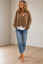 Women's Button Front Cardigan - V Neck Long Sleeve Knit Sweater - Khaki