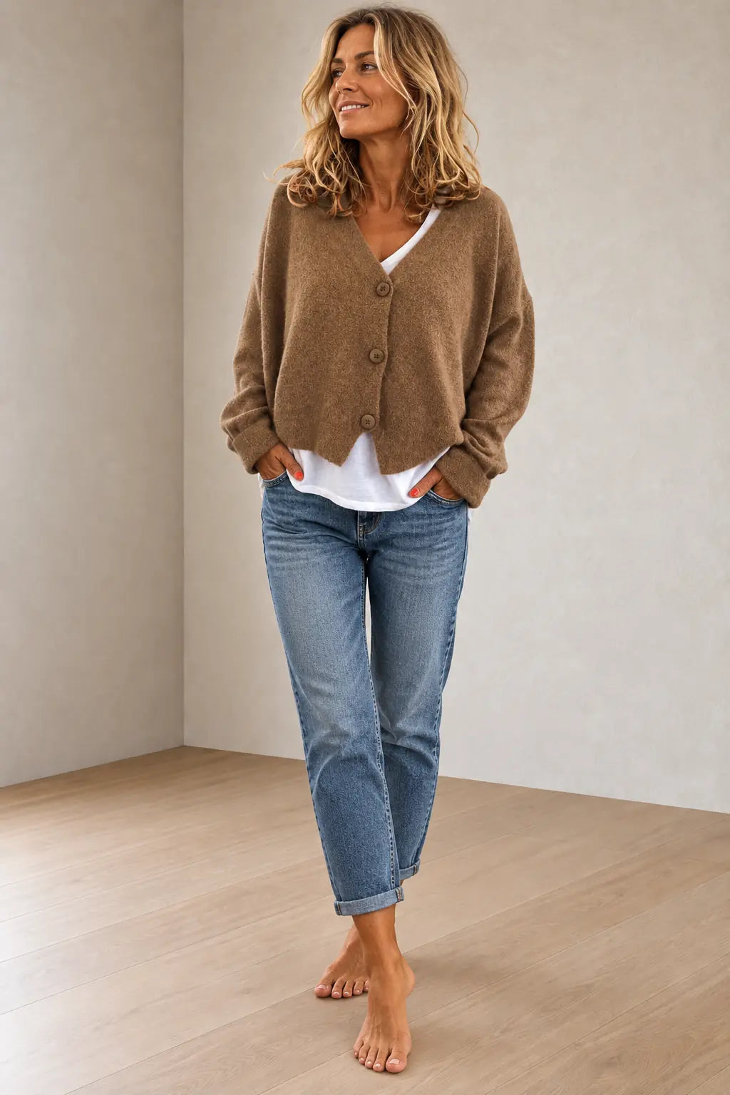 Women's Button Front Cardigan - V Neck Long Sleeve Knit Sweater - Khaki