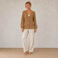 Button Front Cardigan - Women's V Neck Long Sleeve Rib Knit Sweater - Camel