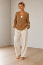 Button Front Cardigan - Women's V Neck Long Sleeve Rib Knit Sweater - Camel