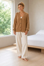 Button Front Cardigan - Women's V Neck Long Sleeve Rib Knit Sweater - Camel