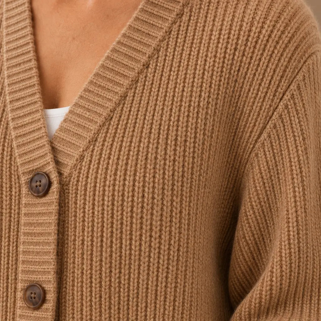 Button Front Cardigan - Women's V Neck Long Sleeve Rib Knit Sweater - Camel