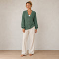 Button Front Cardigan - Women's V Neck Long Sleeve Rib Knit Sweater - Green
