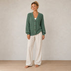 Button Front Cardigan - Women's V Neck Long Sleeve Rib Knit Sweater - Green
