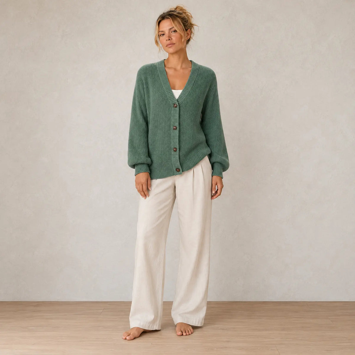 Button Front Cardigan - Women's V Neck Long Sleeve Rib Knit Sweater - Green