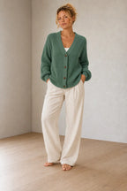 Button Front Cardigan - Women's V Neck Long Sleeve Rib Knit Sweater - Green