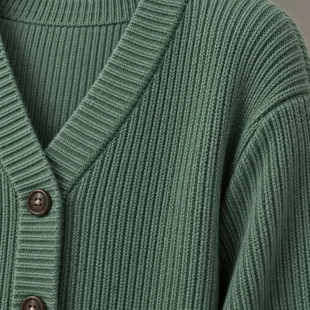 Button Front Cardigan - Women's V Neck Long Sleeve Rib Knit Sweater - Green