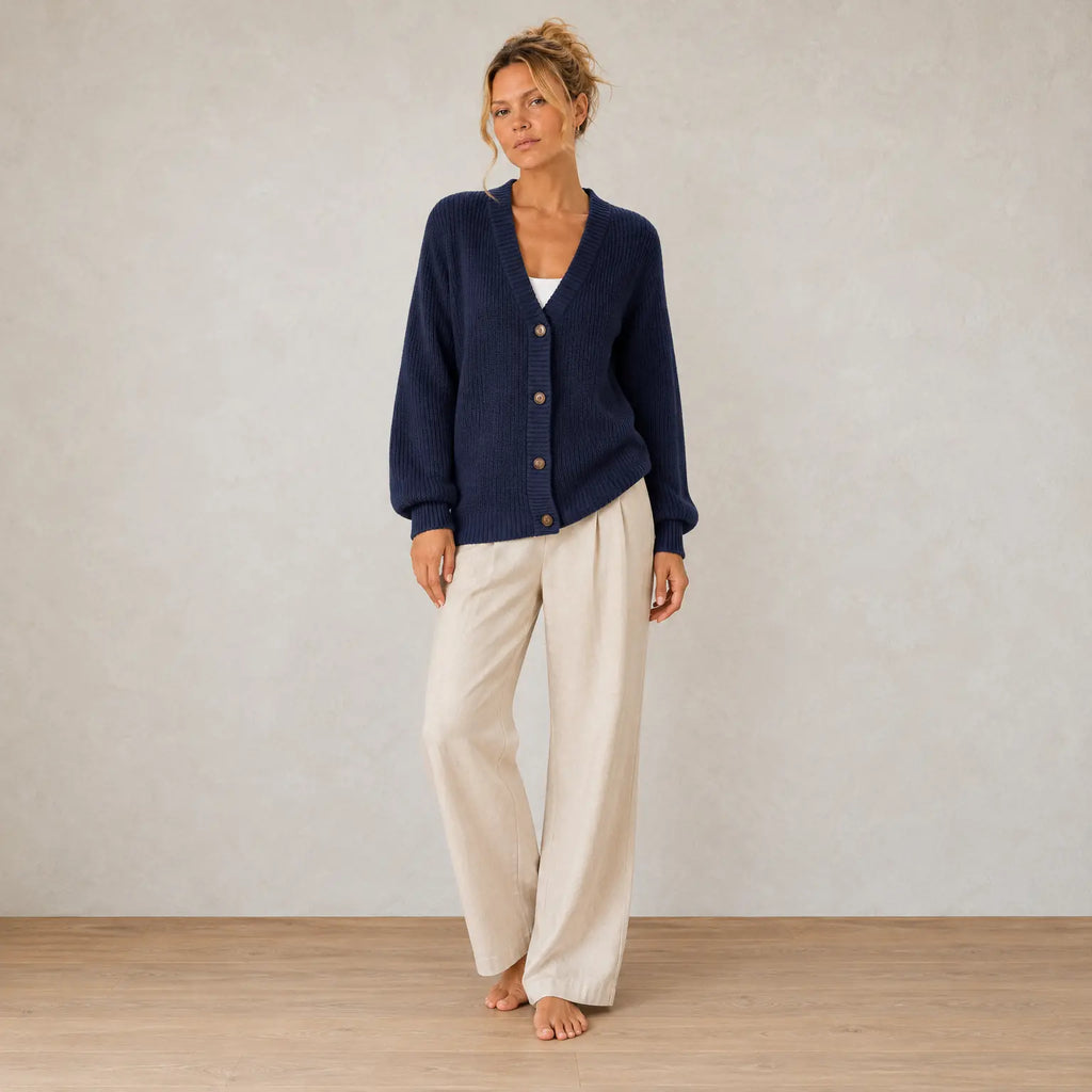 Button Front Cardigan - Women's V Neck Long Sleeve Rib Knit Sweater - Navy