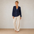 Button Front Cardigan - Women's V Neck Long Sleeve Rib Knit Sweater - Navy