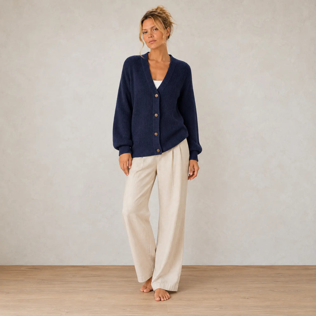 Button Front Cardigan - Women's V Neck Long Sleeve Rib Knit Sweater - Navy