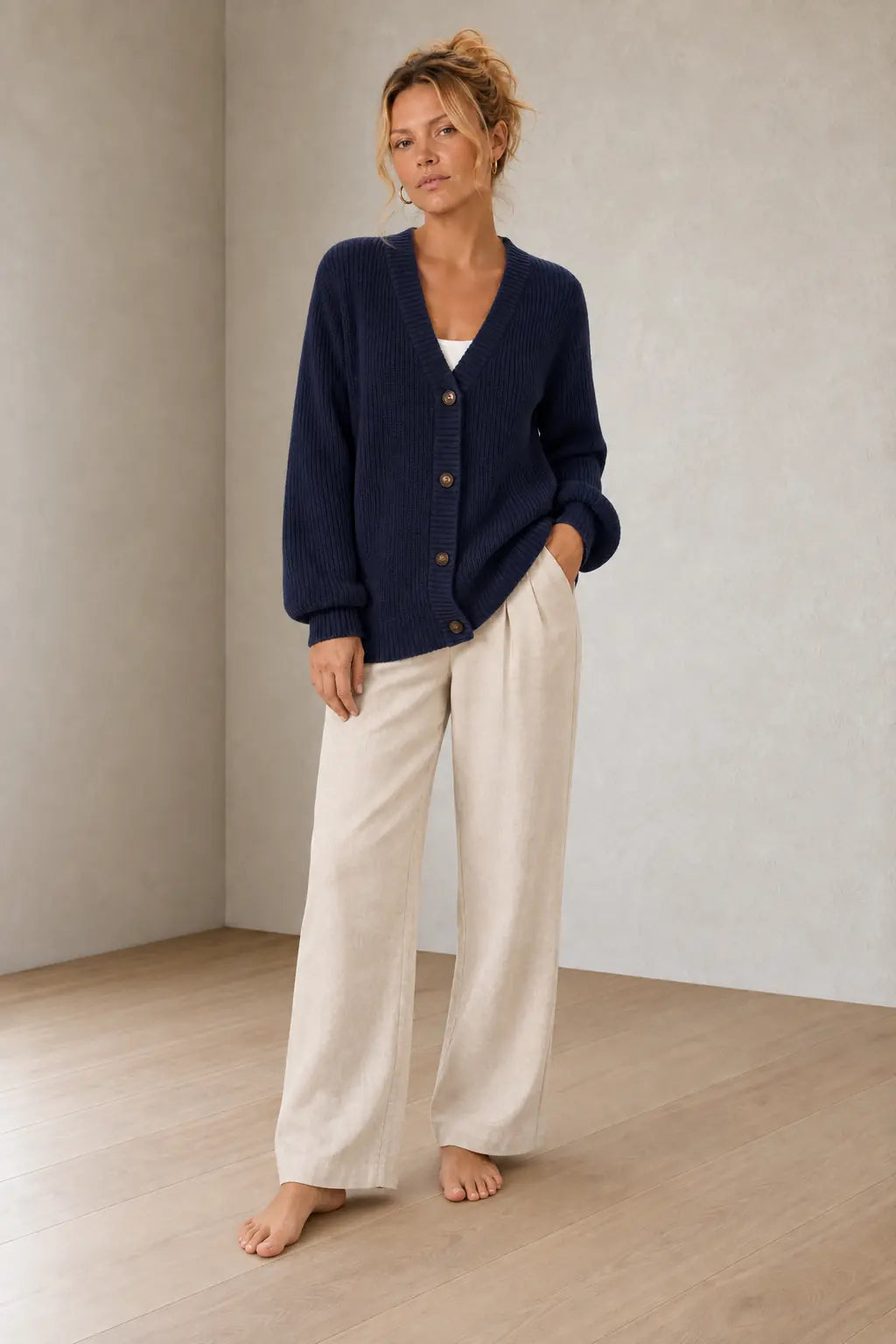 Button Front Cardigan - Women's V Neck Long Sleeve Rib Knit Sweater - Navy