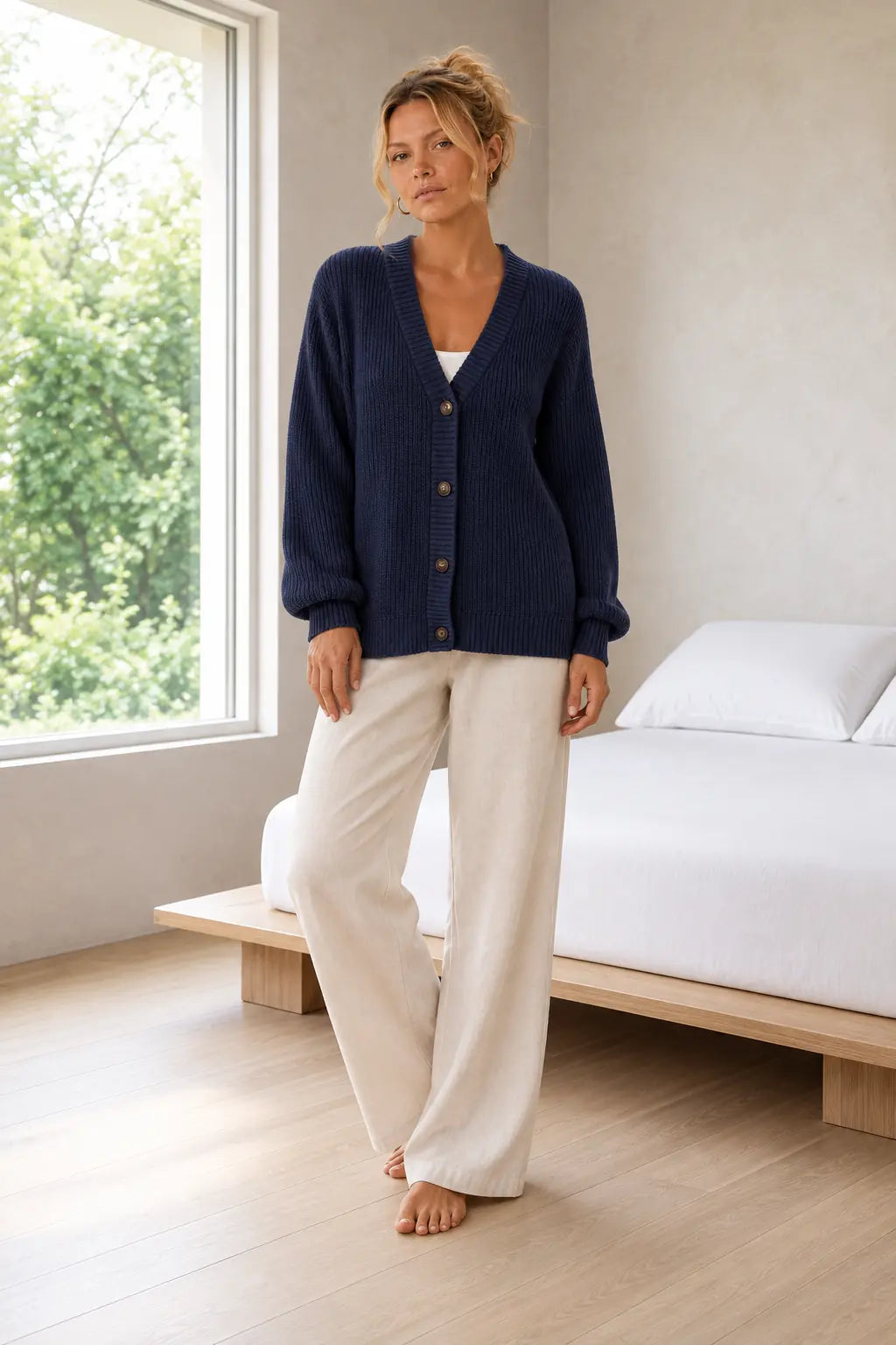 Button Front Cardigan - Women's V Neck Long Sleeve Rib Knit Sweater - Navy