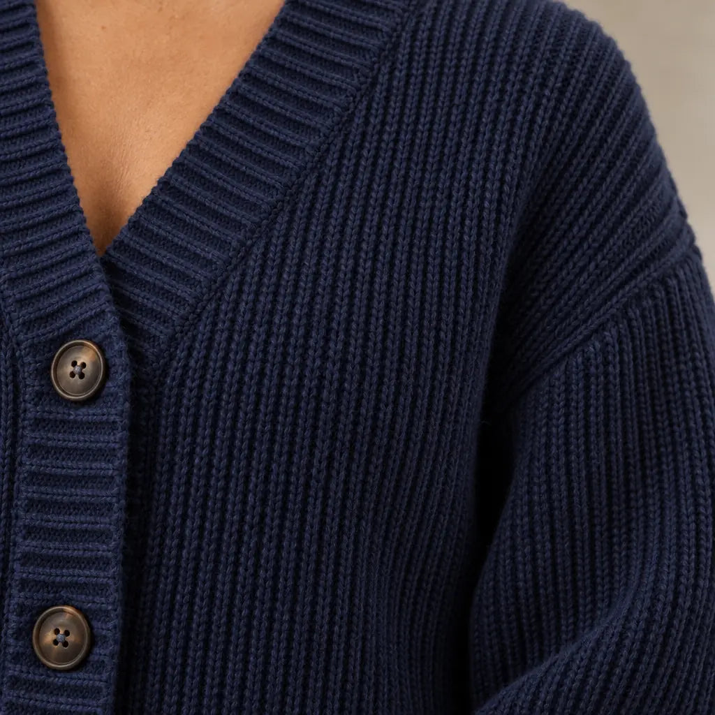 Button Front Cardigan - Women's V Neck Long Sleeve Rib Knit Sweater - Navy