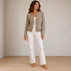 Button Front Cardigan - Women's Round Neck Long Sleeve Soft Knit - Beige