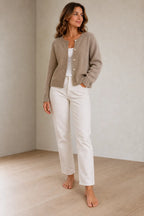 Button Front Cardigan - Women's Round Neck Long Sleeve Soft Knit - Beige