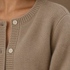 Button Front Cardigan - Women's Round Neck Long Sleeve Soft Knit - Beige