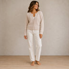 Button Front Cardigan - Women's Round Neck Long Sleeve Soft Knit - White