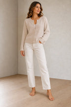Button Front Cardigan - Women's Round Neck Long Sleeve Soft Knit - White