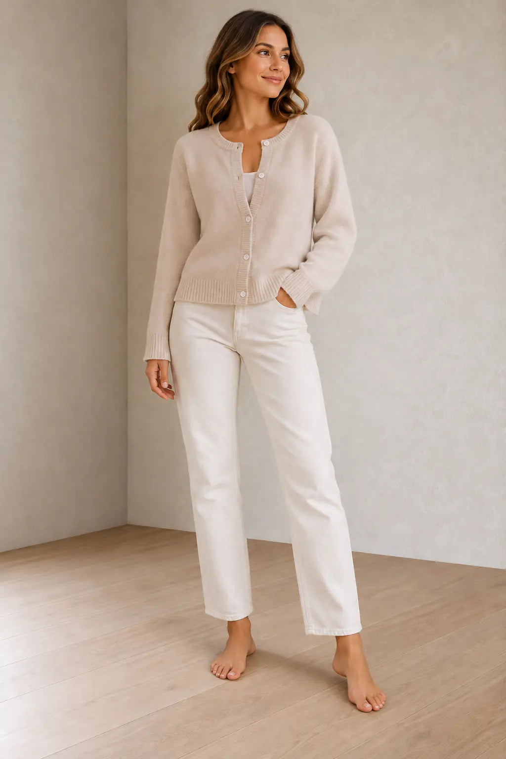 Button Front Cardigan - Women's Round Neck Long Sleeve Soft Knit - White